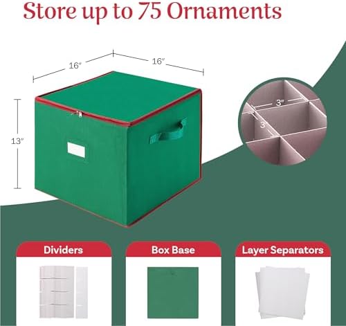 Tiny Tim Totes Christmas Storage Box with Zip Top, Large Ornaments storage box, holds up to 75 ornaments, Green - Image 2