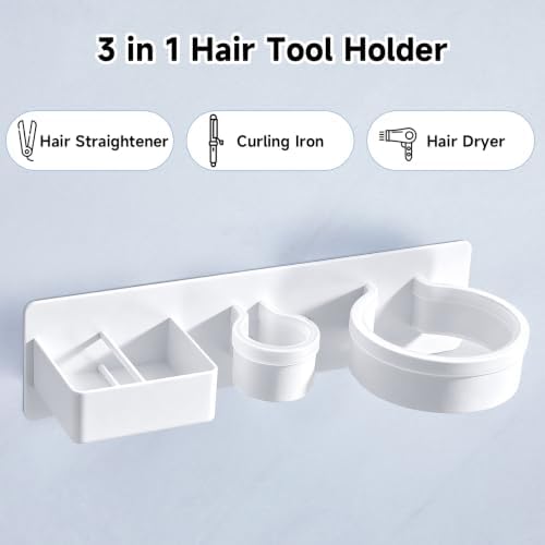 Hair Dryer Holder Wall Mounted Hair Straightener Holder, Blow Dryer Curling Iron Holder Metal, 3 in 1 Bathroom Hair Tools Organizer for Blow Dryer, Flat Irons, Hot Tool Holder (White) - Image 2