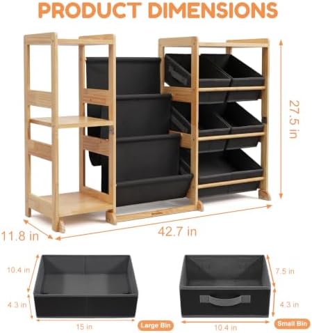 Kids Bookshelf & Toy Storage Organizer with 5 Gray Bins - Image 2