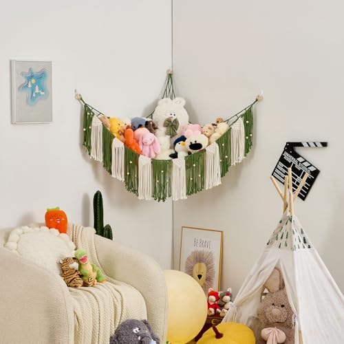 Pretty Jolly Stuffed Animal Hammock with Weaving Tassels and Beads Avocado Green - Image 7