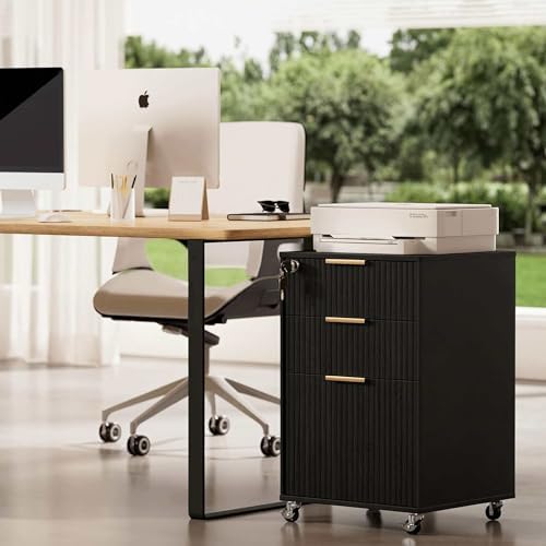 3 Drawers Fluted Mobile File Cabinet with Lock, Rolling File Cabinet Printer Stand Table, Under Desk Wooden Filing Cabinets for Home Office Essentials Storage Organization Furniture Letters/A4(Black) - Image 6