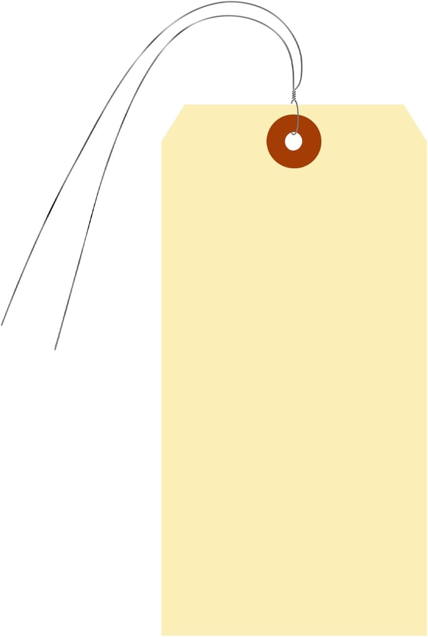 SmartSign Blank Manila Shipping Tags with Wire, Size-8, Pack of 100, 13pt Thick Prewired Cardstock Tag, 6.25 x 3.125 inch Paper Hang Tags with Reinforced Fiber Patch