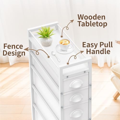 LASZOLA 5 Drawer Narrow Slim Cabinet Skinny Storage Tower Chest, Ideal for Small Spaces, Between Washer and Dryer, Lightweight Mobile on Wheels, Sturdy Fabric Drawers, White - Image 6