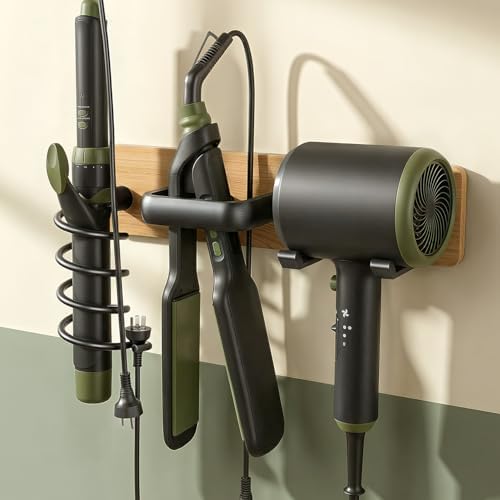 Tindbea Upgraded Cherry Wood Hair Dryer Holder Wall Mounted,3-in-1 Hair Tool Organizer for Blow Dryer, Curling iron, and Straightener, Blow Dryer Holder for Bathroom, Vanity, Matte Black by Tindbea