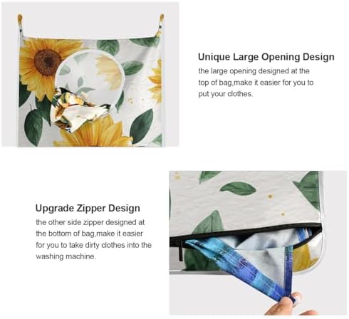 Door Hanging Laundry Hamper Bag with Free Adjustable Stainless Steel Hooks Dirty Clothes Hamper Extra Large Over the Door Laundry Hamper Yellow Sunflower 29.5X20inch 2 PCS - Image 4