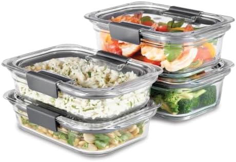 Rubbermaid Brilliance Glass Food Storage set of 4 containers 8 total pieces (4 containers + 4 lids) for Lunch Meal Prep and Leftovers Dishwasher and Oven Safe Clear/Grey by Rubbermaid