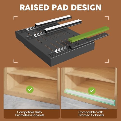 Seinloes 4 Pack Expandable Pull Out Cabinet Organizer 21"Deep With Raising Pad for Framed Cabinets,Upgrade 3 Slide Rails Slide Out Drawers,Roll Out Shelves Adhesive,Adjustable Width 15.15"-26.3" Black - Image 2