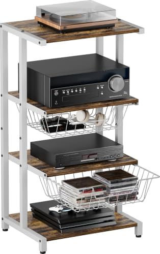 Media Stand with Two Detachable Baskets, 4-Tier AV Media Stand Corner Shelf for DVD Players/Cable Boxes/Games Consoles, Audio Storage Rack for Living Room, Gaming Room, Music Studio, White by Ardier