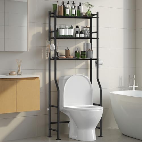 3-Tier Over The Toilet Storage Organizer, Space-Saving Bathroom Rack with Paper Holder & 4 Hooks, 64" Tall Freestanding Carbon Steel Shelf for Small Apartment Laundry Room (Black) by AriseWork