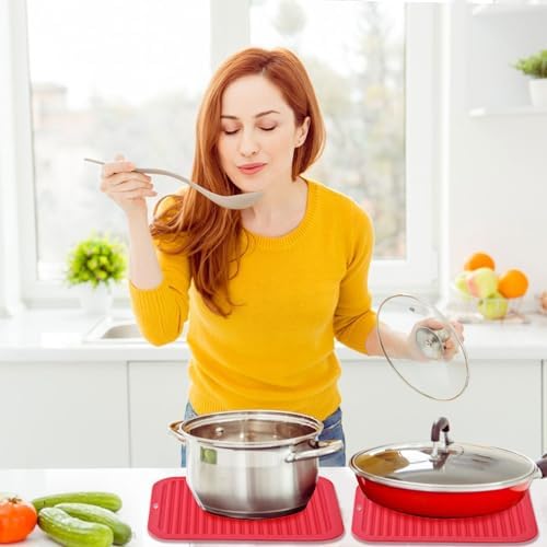 2 Pack Silicone Trivets - Heat Resistant Non-Slip Flexible Pot Holders for Hot Dishes & Pans - Red Silicone Trivet Mat Dish Drying Mat Spoon Rest, 9x12 in - Image 5