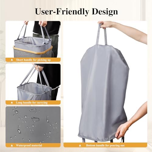 Foluck Large Laundry Hamper, 75L Waterproof Laundry Basket with Lid and Removable Bag, Collapsible Tall Clothes Hamper with Bamboo Handles for Clothes Toys in Dorm Bedroom Bathroom, Grey - Image 4