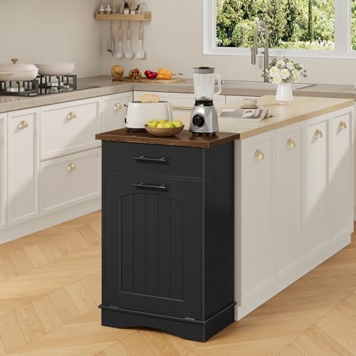 HOOBRO 10 Gallon Tilt Out Trash Cabinet, Kitchen Trash Can, Trash Bin Storage, with Flip Door and Large Drawer, Hidden Laundry Hamper Cabinet, for Kitchen, Laundry, Black and Walnut BH02LJ01 - Image 5