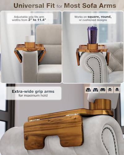 BLUEWEST Couch Armrest Table, Sofa Arm Tray with 360° Rotating Cup Holder - Image 4