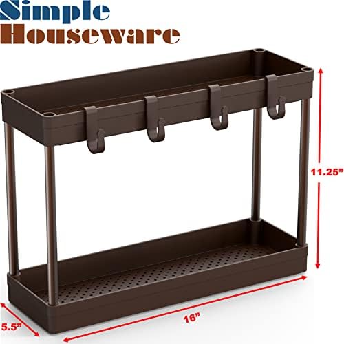 Simple Houseware 2-Tier Under Sink Organizer Storage Tray with Hooks, Brown - Image 5