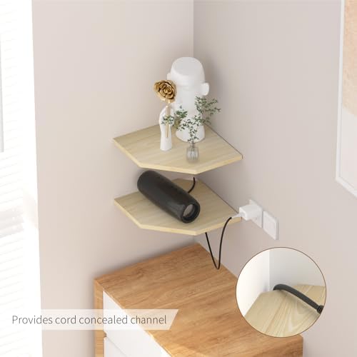 JJL Corner Shelves, 12 Inch Corner Shelf Wall Mounted with Wire Hole, 2 Tier 13.3 Inch Deep Wooden Corner Hanging Shelving for Wall Storage, for Speaker, Cable Box, Light White - Image 4