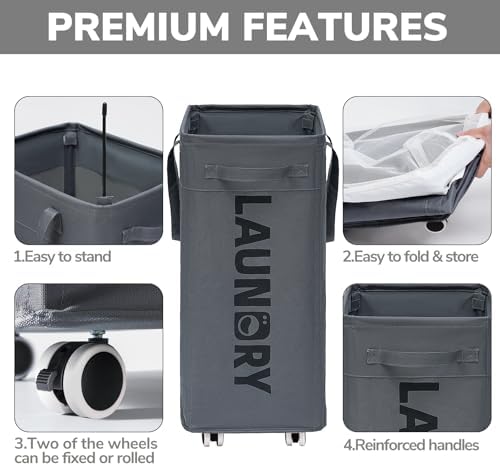 Goodpick 2-Pack Laundry Basket with Wheels & Wash Bag, Hamper for Dorm, 75L - Image 4