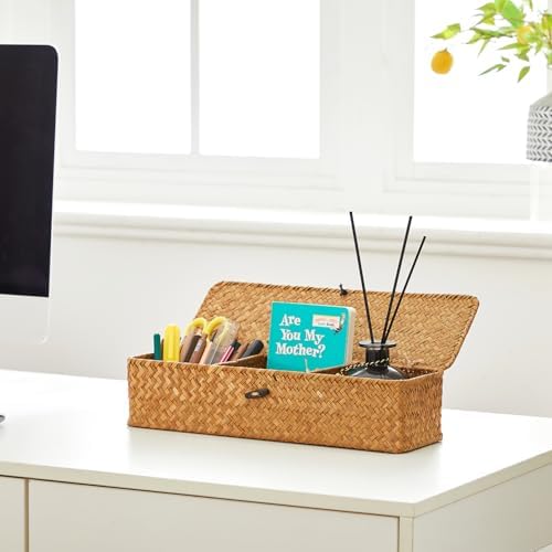 Nonam 3-Section Divided Storage Small Basket with Lid,Shelf Basket-Natural - Image 6