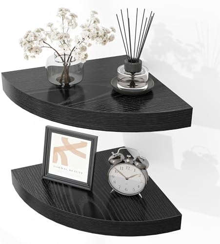 Fun Memories Floating Corner Shelves Set of 2 - Rustic Wood Wall Mounted Storage and Display Shelves for Living Room, Bedroom, Kitchen, Bathroom - Space Saving Home Decor, Black by FunMemories