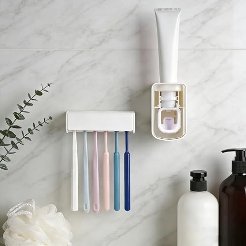 Toothbrush Holder Wall Mounted with Cover for Bathroom, 6 Slots Toothbrush Storage Organizer for Shower, Self Adhesive Toothbrush Hanger with Automatic Toothpaste Squeezer Dispenser (White) - Image 4