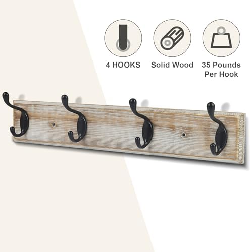 Coat Rack Wall Mounted, Entryway Wall Coat Rack with 4 Rustic Coat Hooks, 17” Vintage Pinewood Hanger Hat, Dual Hook for Hanging Keys Hats, Perfect for Entryway, Bathroom, Living Room - Image 2