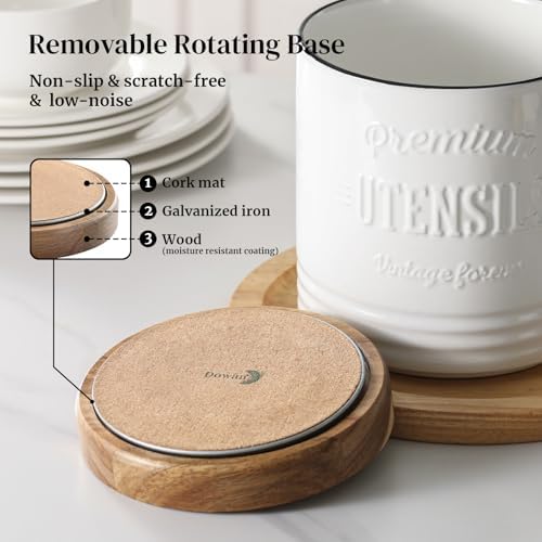 DOWAN 360° Rotating Extra Large Cooking Utensil Holder, 7.6" Kitchen Utensil Holder for Countertop, Utensil Crock for Farmhouse Kitchen Decor, Ceramic Stable Utensil Caddy, White Text - Image 4
