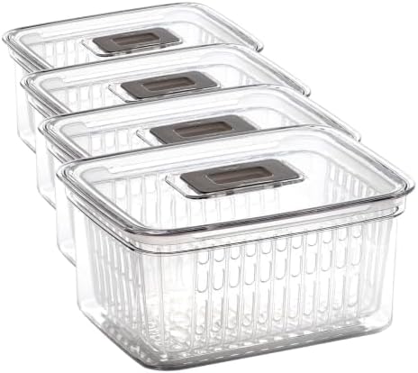 BINO | Produce Saver - 6.8 Cup/1.6L | Fridge Storage Containers for Fruits and Vegetables | Adjustable Air Vent, Removable Basket | BPA-Free Fridge Organizers (Pack of 4) by BINO