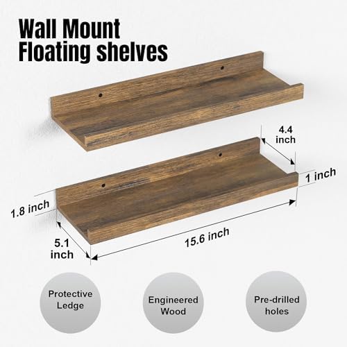 Boswillon Floating Shelves Set of 2, Small Wall Shelf with Lip, 16in, Brown - Image 3