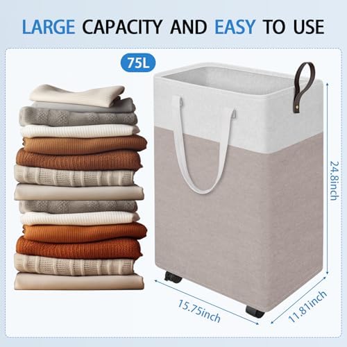 HomeHacks 75L Rolling Laundry Basket with 4 Wheels Collapsible Khaki - Image 2