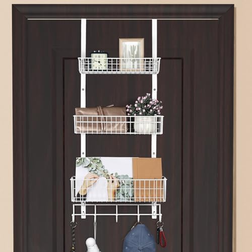 ETELI Over The Door Basket Organizer with 3 Mesh Baskets and 5 Hooks Heavy Duty Pantry Door Organizer Back of Door Storage Rack for Bathroom, Kitchen, Office, White by ETELI