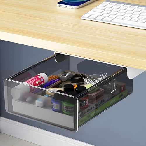 SVNNELP Under Desk Table Drawer Storage Organizer Slide Out, Attachable Hidden Self-Adhesive Under Desk Pencil Tray Drawer for Office/Classroom/Home (Clear Black/M) by SVNNELP