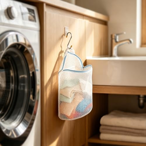 5Pcs Hanging Laundry Bags for Socks with S Hooks,12 X 10 inch 5 Color Mesh Laundry Bags for Washing Machine - Image 4