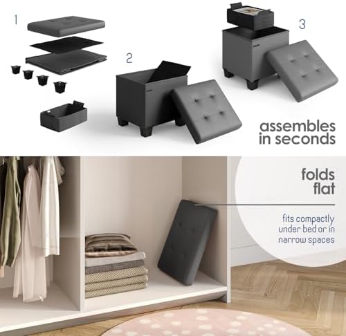 Storage Ottoman Cube with Small Bin, 15-in Square Ottoman with Storage for Living Room and Bedroom, Small Ottomans Foot Rest, Faux Leather Foot Stools Ottomans Max 330lbs, Grey - Image 3