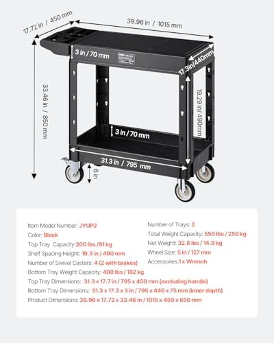 VEVOR Utility Cart, 550 lbs Load Capacity, 31.3 x 17.7-inch Service Cart, Two-Shelf Heavy Duty Plastic Utility Cart with 360° Swivel Wheels (2 with Brakes), Suitable for Warehouse, Garage, Cleaning - Image 6