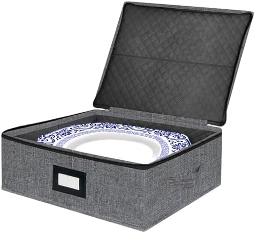 homyfort Platter Storage Case - Stackable China Storage Containers Hard Shell with Durable Zipper & Label & Sturdy Handles, 5.3” Height, Structured Top, 4 Felt Dividers Included (Dark Gray) by homyfort