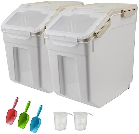 25LB Large Flour Storage Container Bin ,2 Pack Airtight Plastic with Wheels Seal Locking Lid Dispenser Organizer Storage Bin with Measuring Cup & Scoop for Flour, Rice, Grain 50LBS Total by YXQ