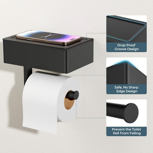 FORIOUS Toilet Paper Holder with Shelf, Wall-Mounted Modern Wipes Dispenser - Image 5