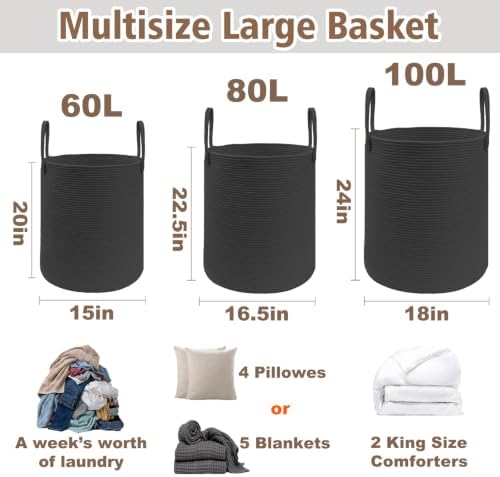 JMvicyroam 60L Cotton Rope Laundry Basket Hamper, Black - Image 2
