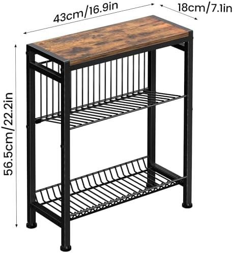 Narrow Side Table for Small Space, 3-Tier End Table with Magazine Holder,Slim Nightstand with Wire Shelf, Skinny Bedside Table in Living Room, Bedroom, Study, kitchen and Balcony (Rustic Brown) - Image 3