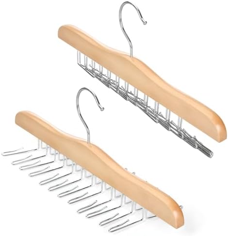 TOPIA HANGER Tie Rack Hanger for Closet 2 Packs, Wooden Tie Organizer for Men with 24 Folding Hooks, Space Saving Necktie Holder for Storage and Display Bra, Tank Top, Camisole (Natural) - CT14N-2 by TOPIAHANGER