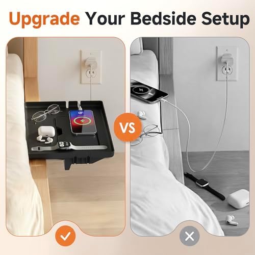Space-Saving Clamp-On Bedside Shelf, Tool-Free Floating Nightstand with Hidden Compartment & Cord Slots, 13x9.5 Bedside Shelf for Rails up to 2.9", Black - Image 3