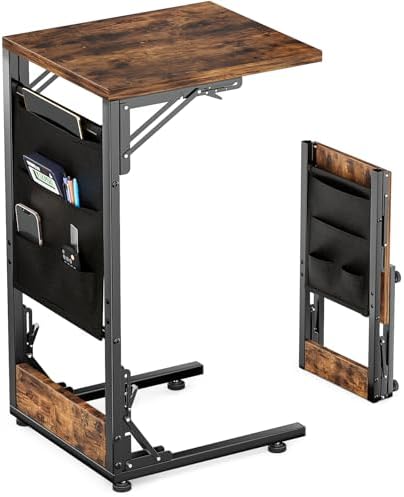 Folding TV Tray Table, Small Folding Side Table with Storage Bag, Portable C Shaped End Stand for Couch Sofa Bed, Rustic Brown by Feverdes