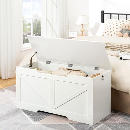 HOOBRO Storage Bench, 39.4” Retro Wooden Storage Chest with U-Shaped Cut-Out Pull, Safety Hinge, Supports 330 lb and Easy Assembly for Toy Box Organizer (White) WT771CW01G1 - Image 4