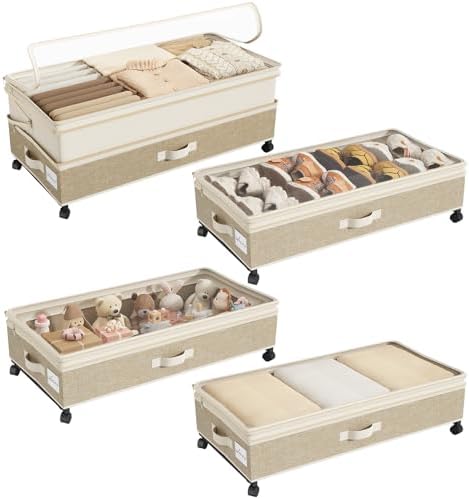 Kitstorack 4 Pack Height-adjustable Under Bed Storage with Wheels, Under Bed Storage Containers,Under Bed Shoe Storage Organizer with Clear Window&Label, Suitable for Clothes Storage, Beige & Linen by Kitstorack