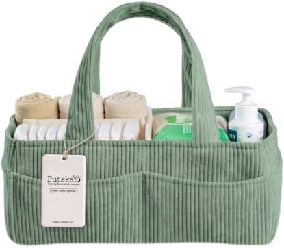 PUTSKA Baby Diaper Caddy Organizer, Nursery Basket, Sage Green Corduroy by Putska