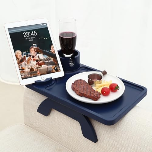Nnewvante Couch Armrest Tray 3 in 1 Bamboo Clip-on Couch Table, Navy Blue, - Image 2