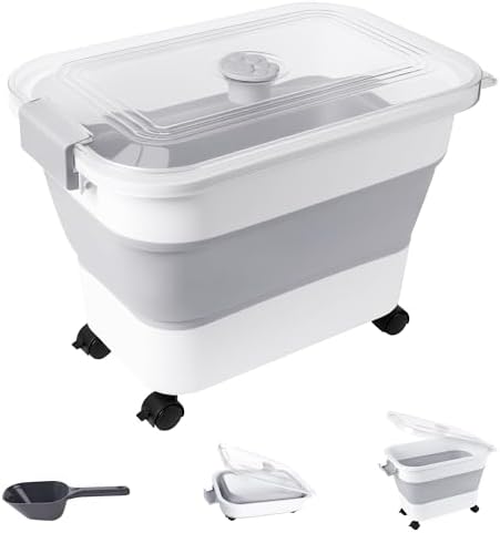 Dog Food Storage Container 25-30lbs, Airtight Pet Food Bin with Transparent Lid, Collapsible Design with Rolling Wheels & Scoop, Space-Saving, Light Gray by Leaforylife