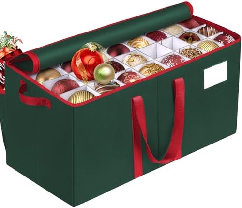 RoomHacks Christmas Ornament Storage Box, Store Up to 128 Ornaments, Durable Christmas Storage Container, Dual Zipper & Adjustable, Large Organizer Bin to Protect and Store Holiday Ornaments(Green) by RoomHacks