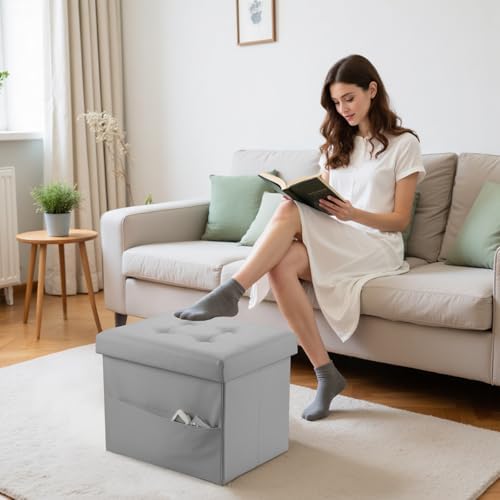 Bsketa Storage Ottoman Bench,16 Inch Folding Leather Foot Rest Stool, Grey - Image 2