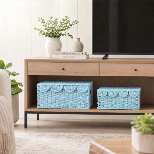 Set of 2 Scalloped Baskets, Paper Rope Wicker Baskets with Lids, Blue - Image 4