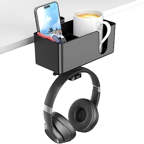 KDD 4 in 1 Desk Cup Holder - Clamp on Under Desk Headphone Hanger - Rotating Headphone Holder Detachable Pen Cup Holder Desktop Storage for Cup, Phone and Pen(Black) by KDD